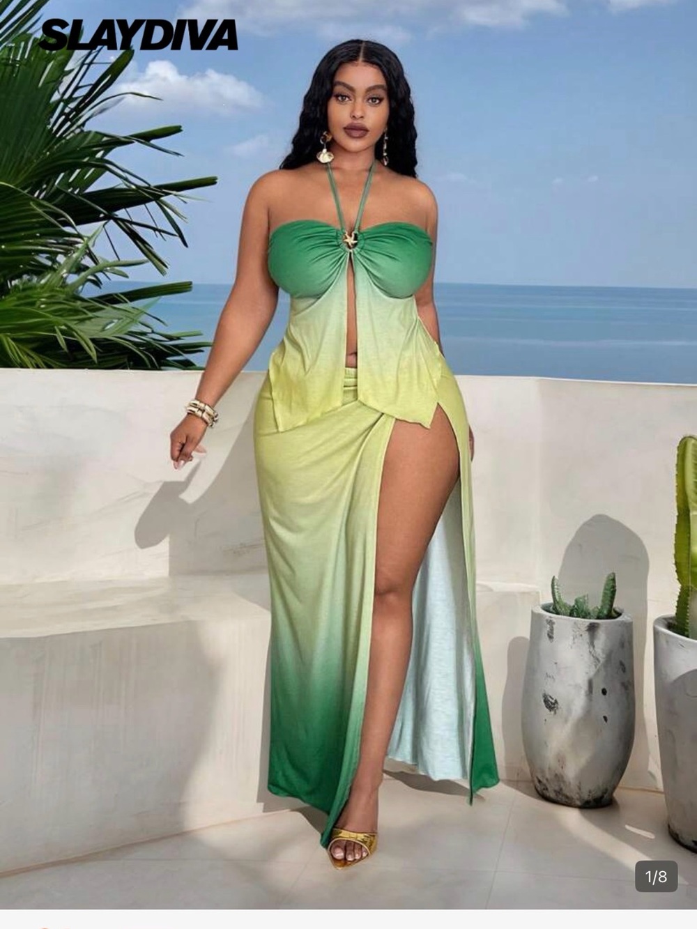 SHEIN Green Ombre Strapless Halter Maxi Swim Cover-Up